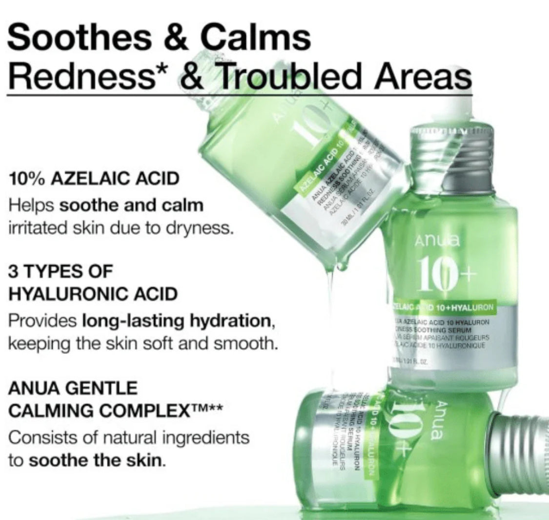 Anua Azelaic Acid 10% + Hyaluronic Acid Serum | Soothing Redness, Brightening & Hydrating Treatment for Sensitive Skin